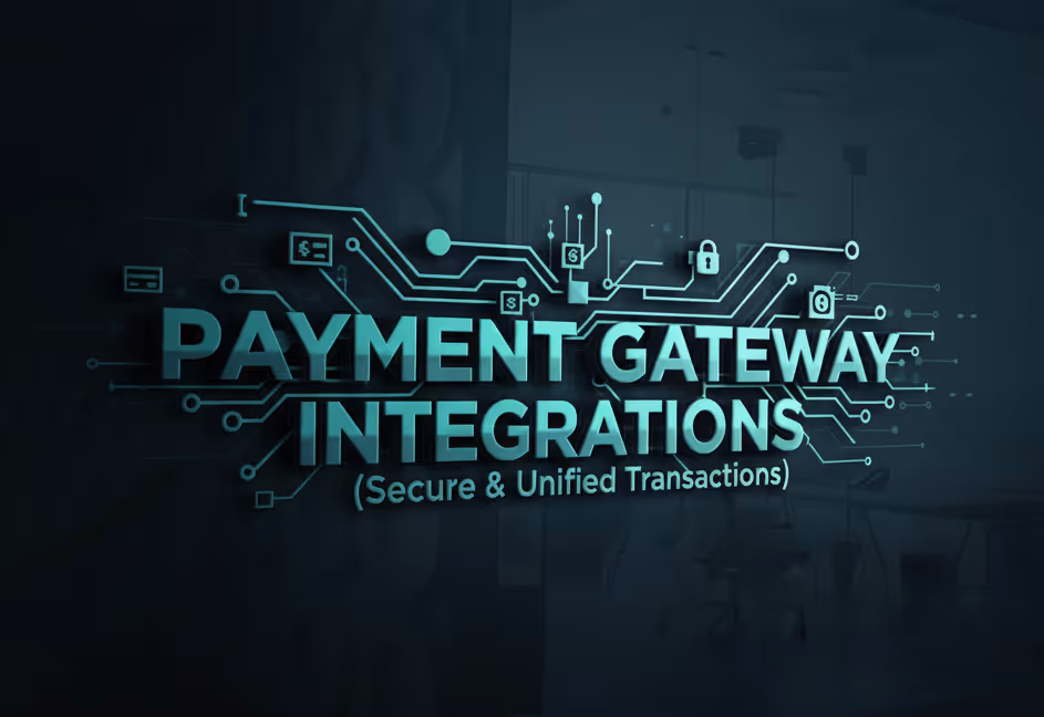 3D text displaying 'PAYMENT GATEWAY INTEGRATIONS (Secure & Unified Transactions)' with circuit and security icons in the background.