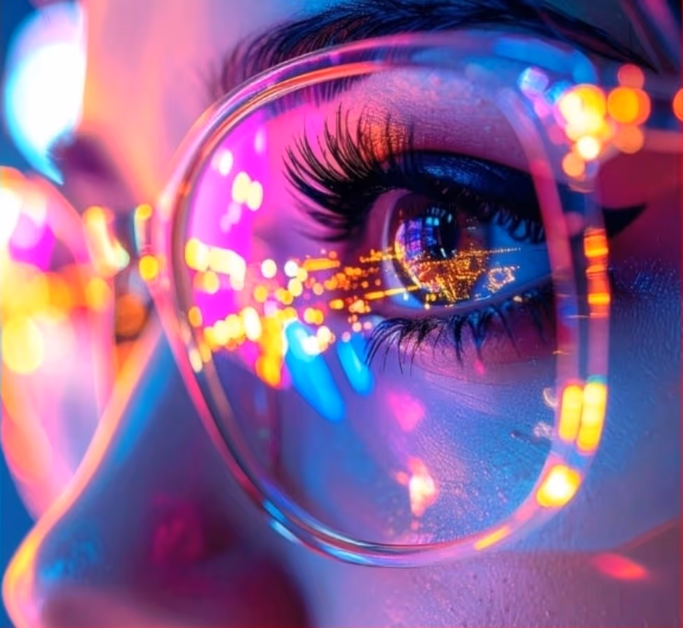 Close-up of an eye behind large glasses reflecting colorful neon city lights at night.