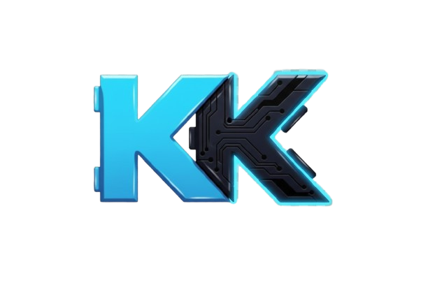 Stylized letters 'KK' with the left letter in solid blue and the right letter in black with a blue circuit board pattern.