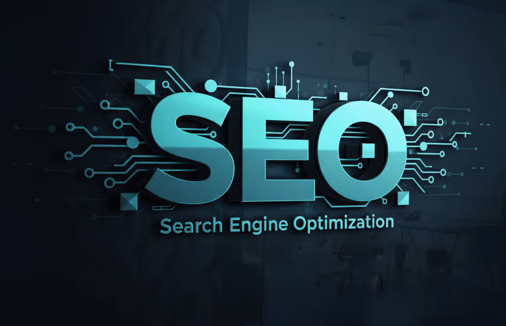 3D text 'SEO' with circuit-like lines extending from the letters and 'Search Engine Optimization' below.