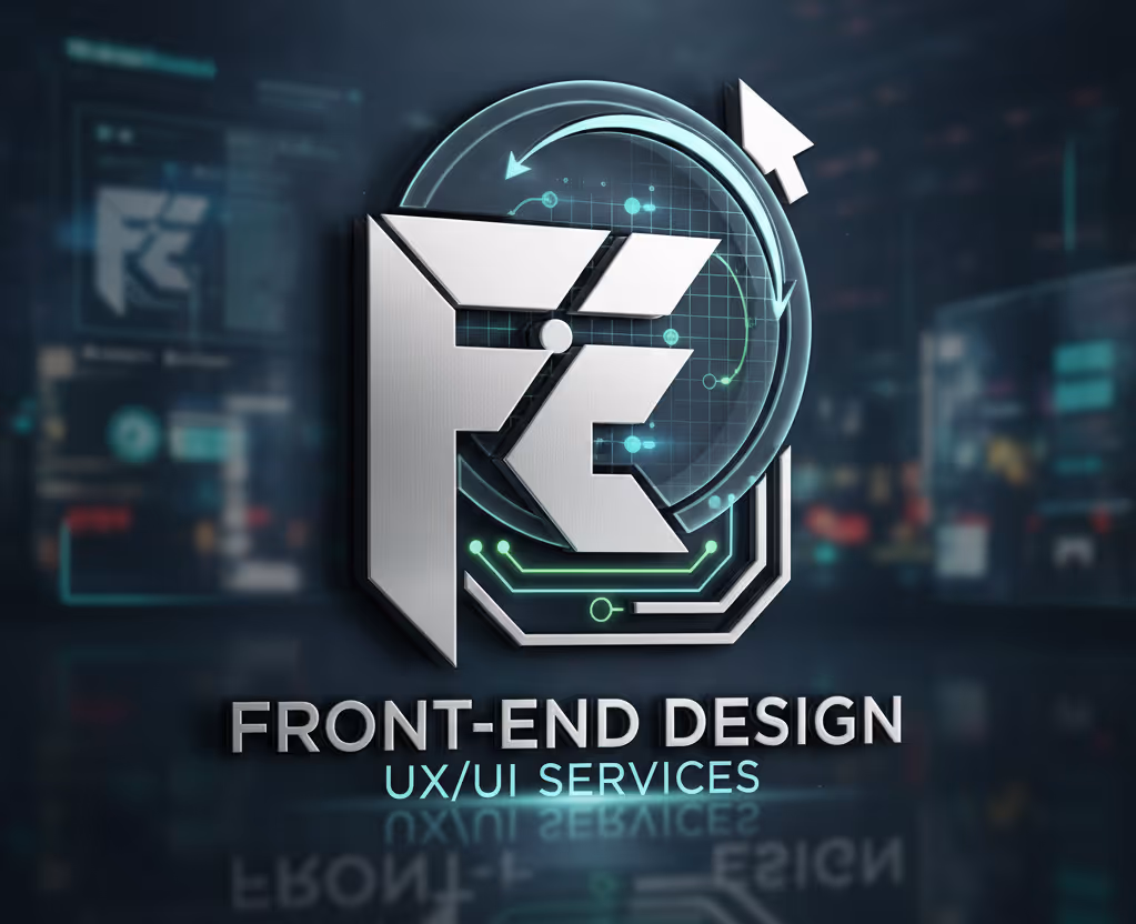 Metallic logo with letters FR surrounded by circular arrows and a cursor icon, with text 'Front-End Design UX/UI Services' below on a dark digital background.